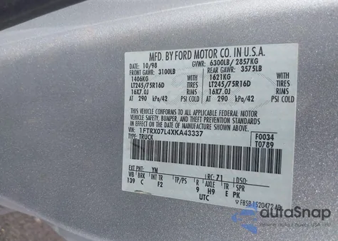 1999 Ford F-150 Lariat/Xl/Xlt из США, поврежденный, VIN 1FTRX07L4XKA43337